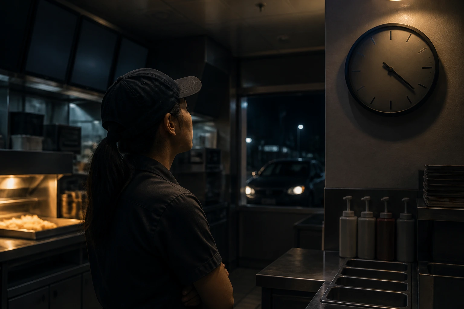 Night shift fast-food worker glancing at a clock with no numerals