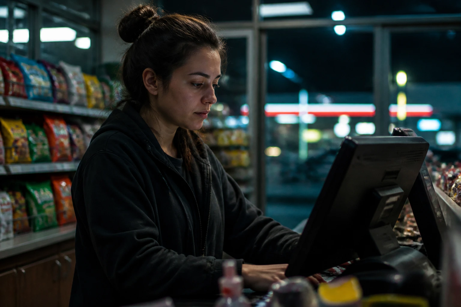 Close-up night-shift cashier at till in a dim convenience store