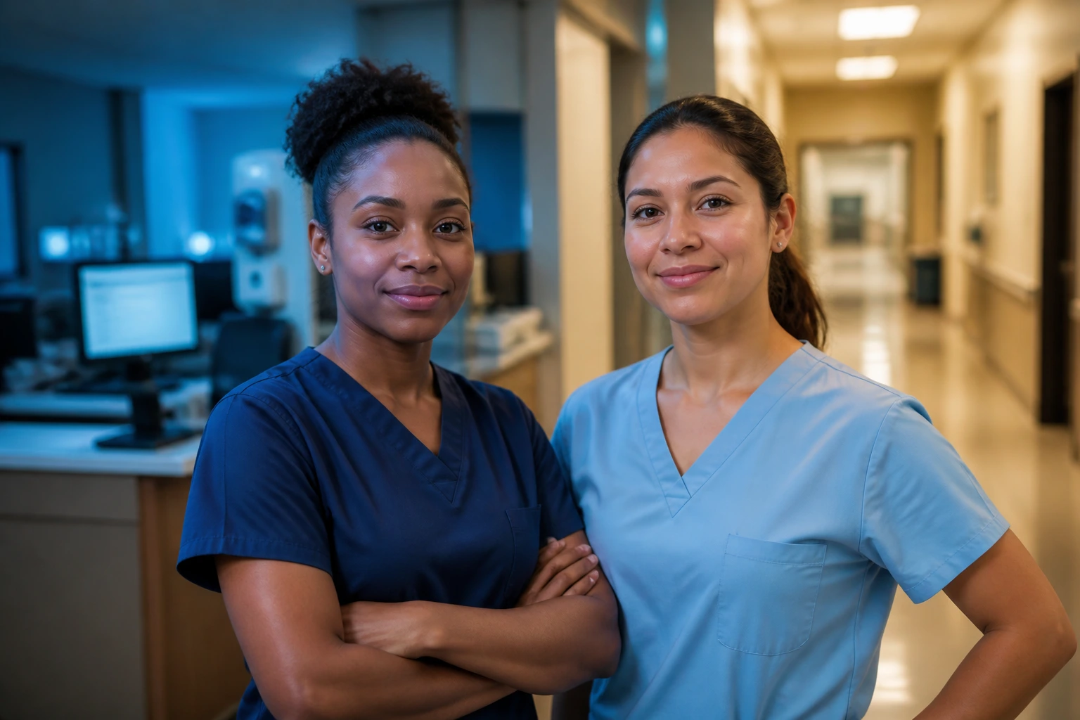 Two CNAs in a hospital corridor illustrating shift differences in lighting and posture