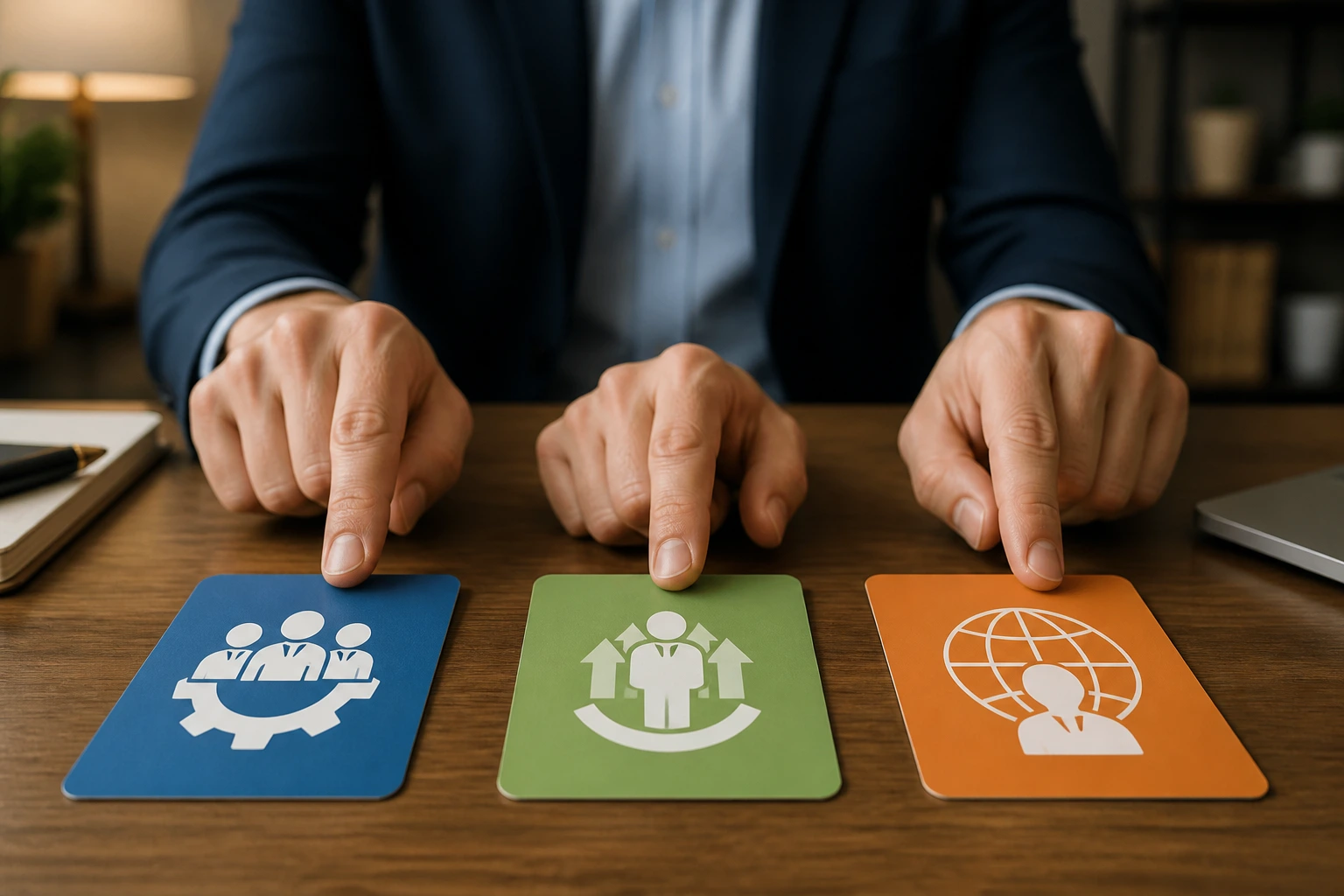 Hands over three abstract cards representing different visa paths without text