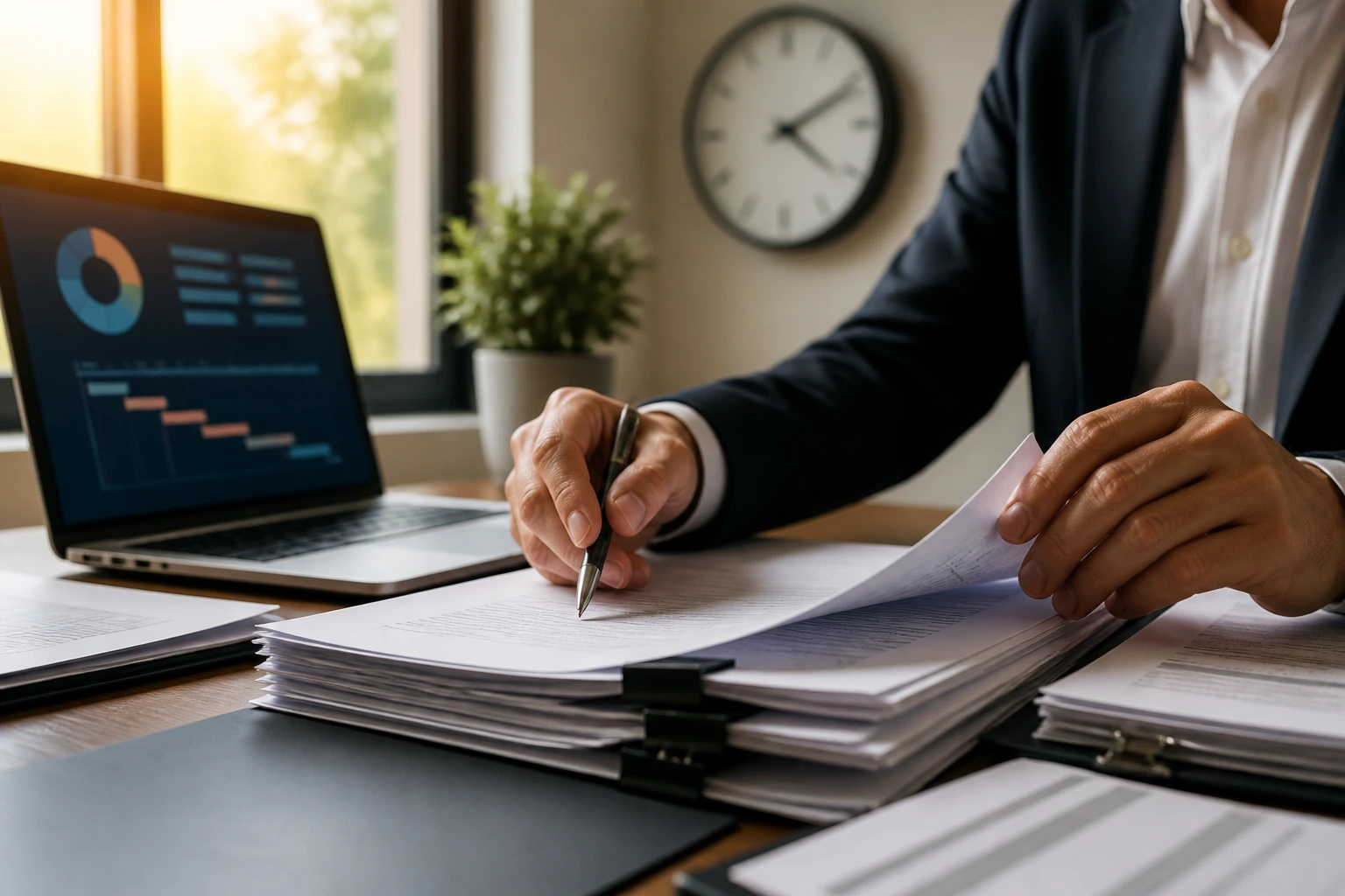 Close-up of hands organizing NIW filing documents with a laptop and a clock to indicate timing