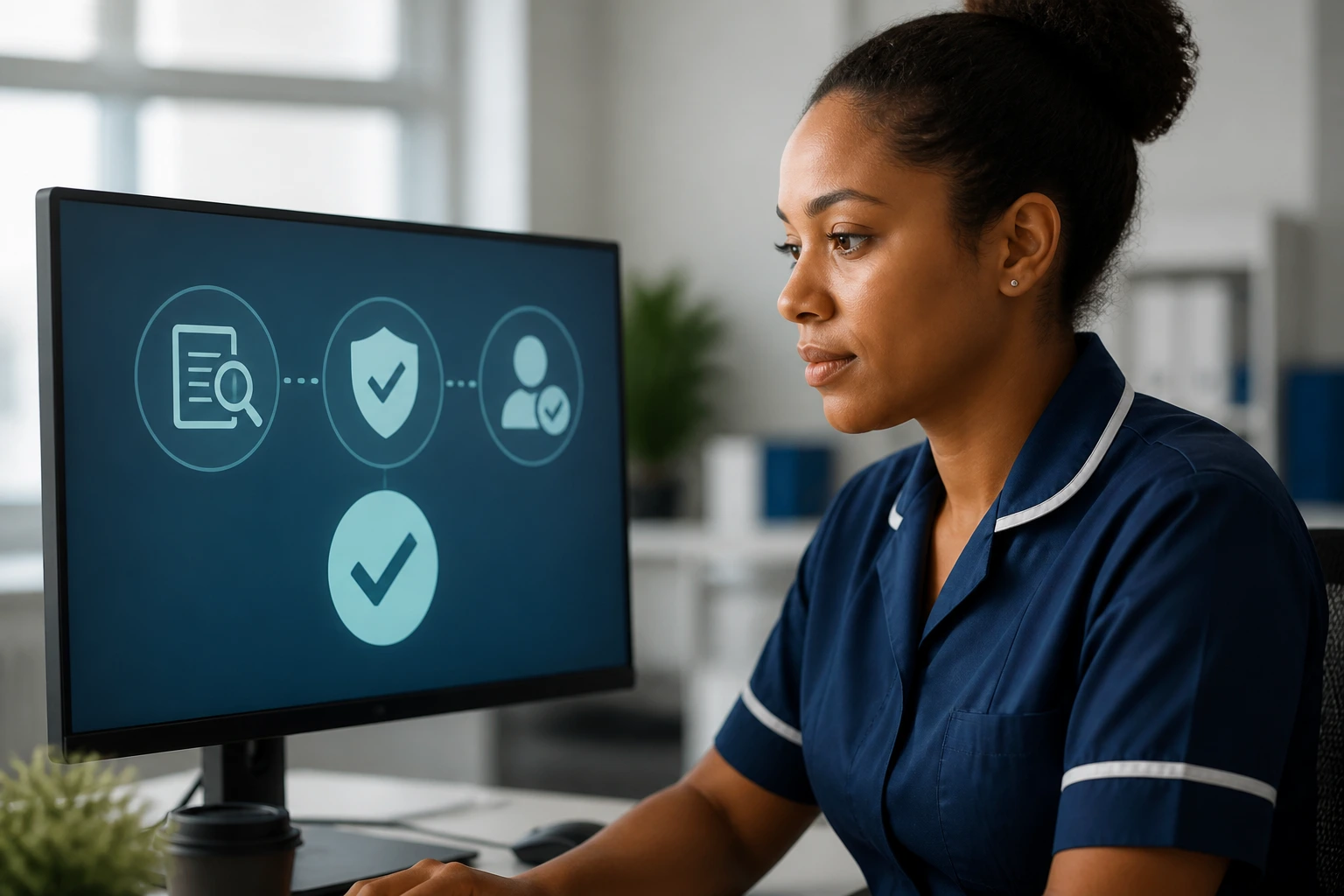 Nurse at computer with verification icons representing NMC registration