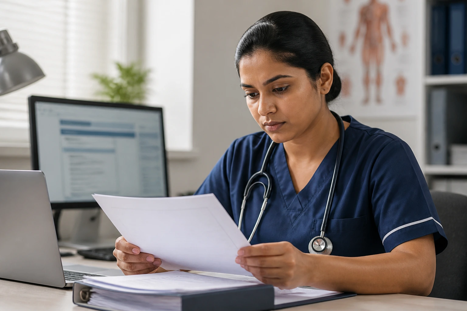 Nurse contemplating NMC registration process in a clinical office