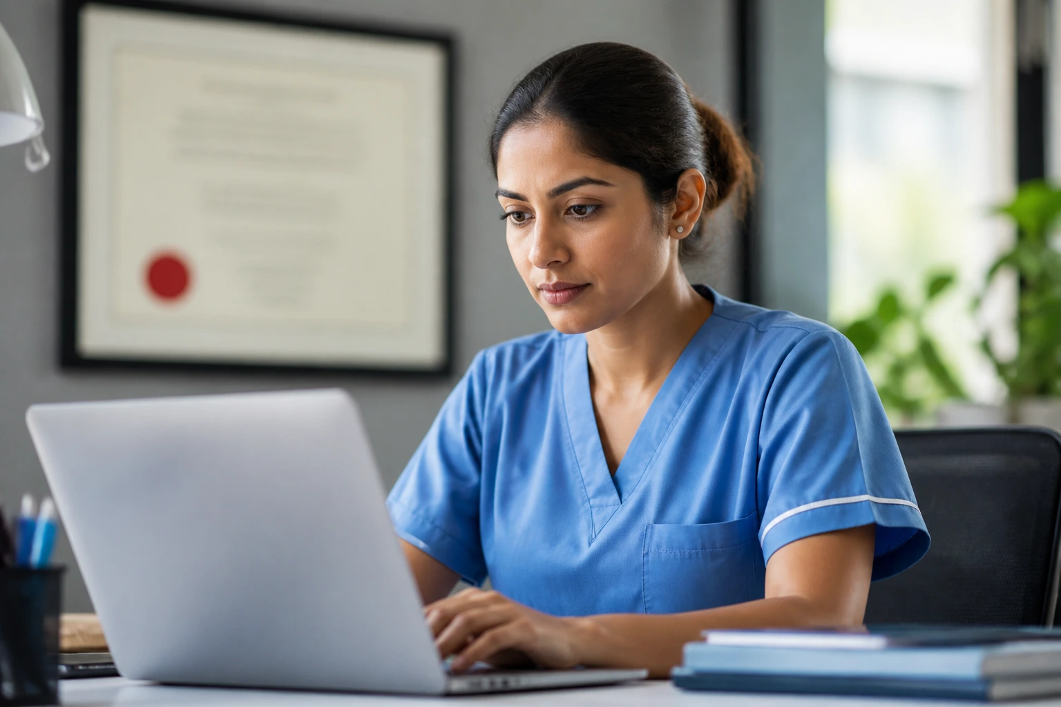 Close-up of a nurse at a desk reviewing online registration with blurred official documents in the background