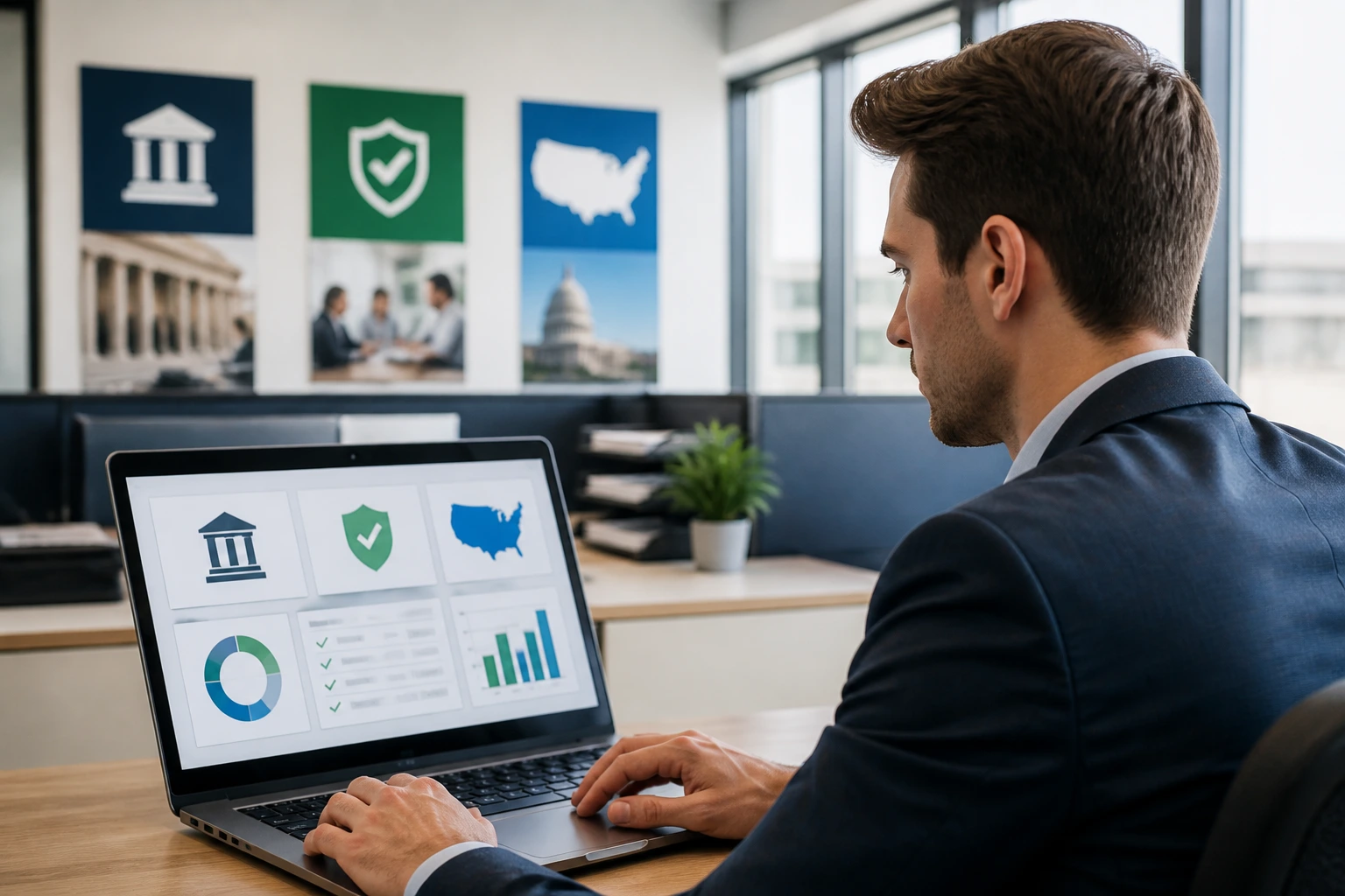 Loan officer at desk reviewing licensing dashboards