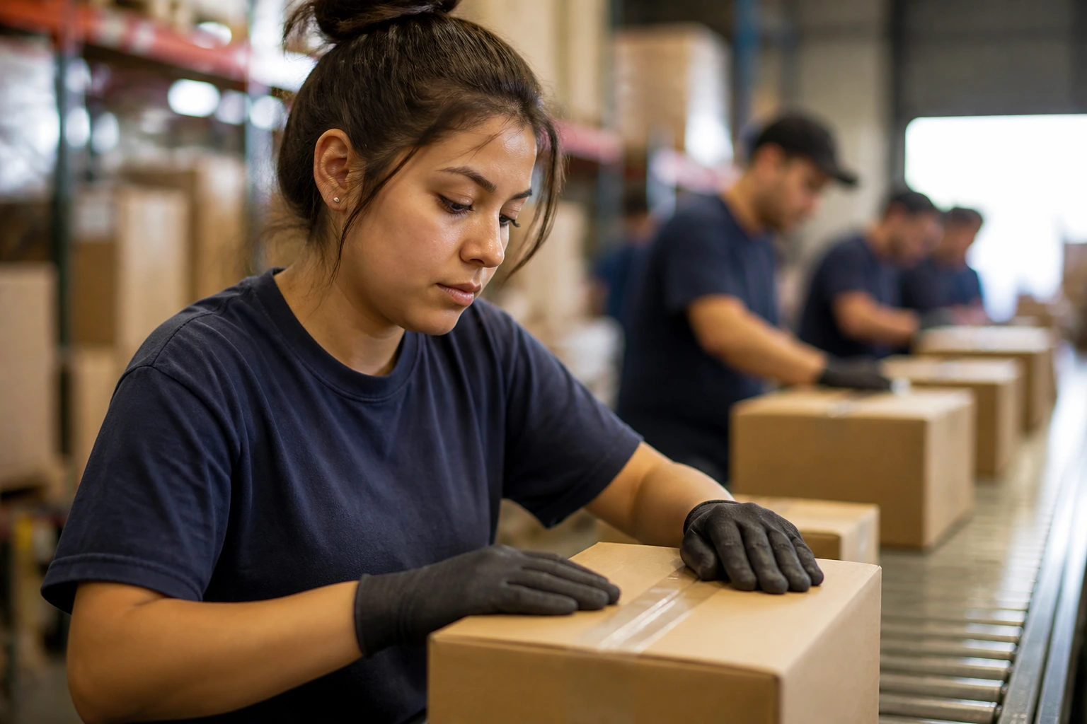 Close-up portrait of a new-hire on a packing line in a warehouse