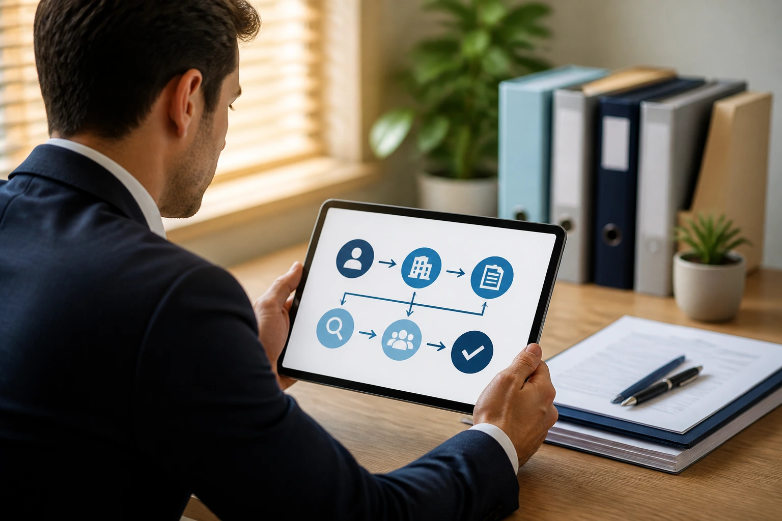 Portrait of professional reviewing a nomination flow diagram on a tablet