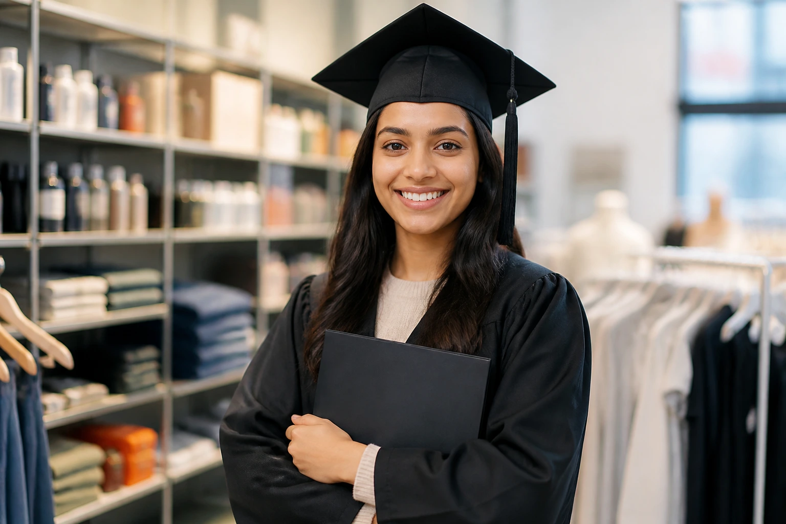 Graduate-applicant in a store setting illustrating non-sponsorship entry into UK retail
