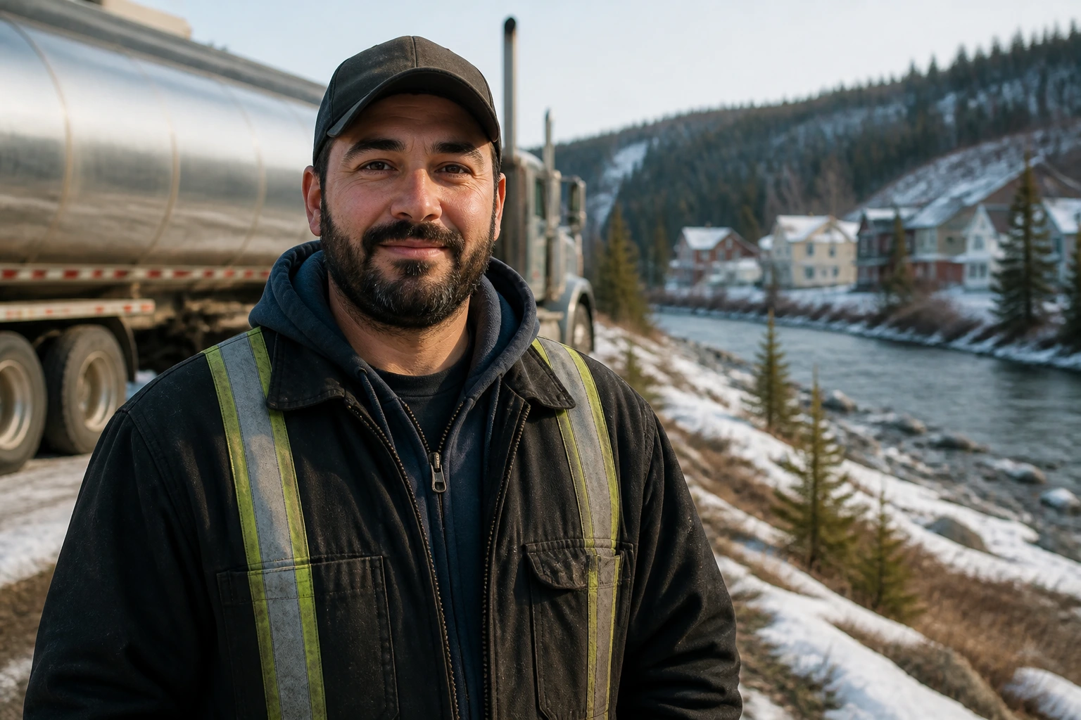 Portrait of a truck driver in a northern town setting.