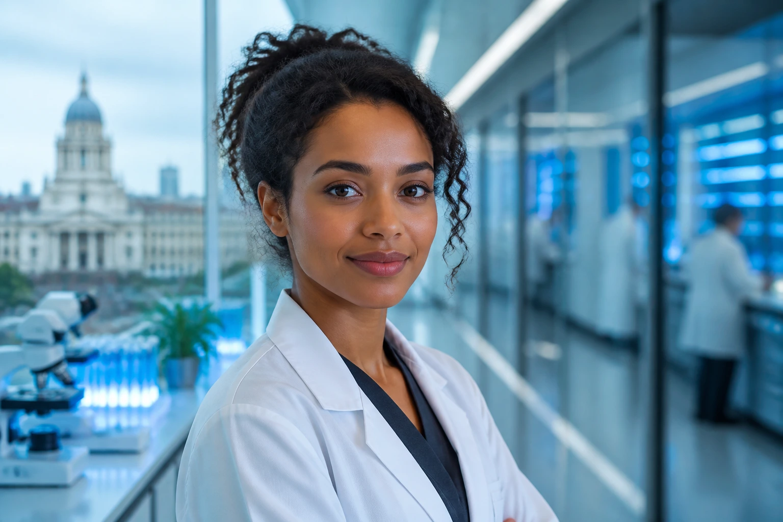 Close-up portrait of a healthcare researcher in a Nottingham biotech facility