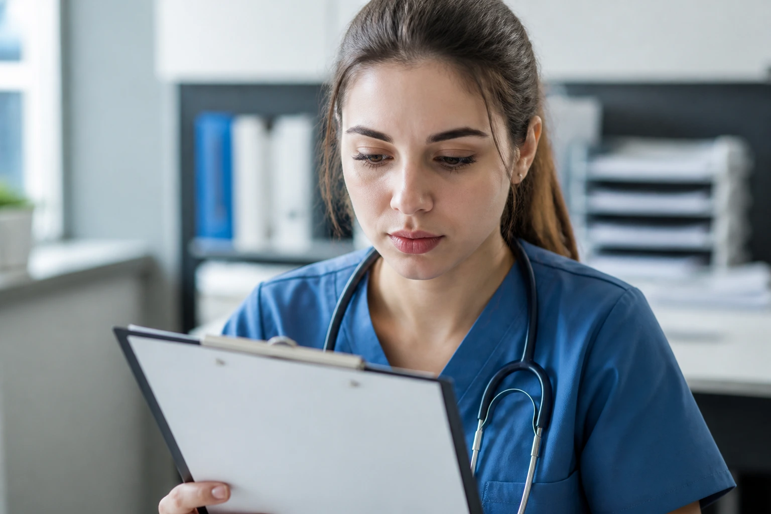 Nurse examining a clipboard in a clinical office representing AHPRA registration process