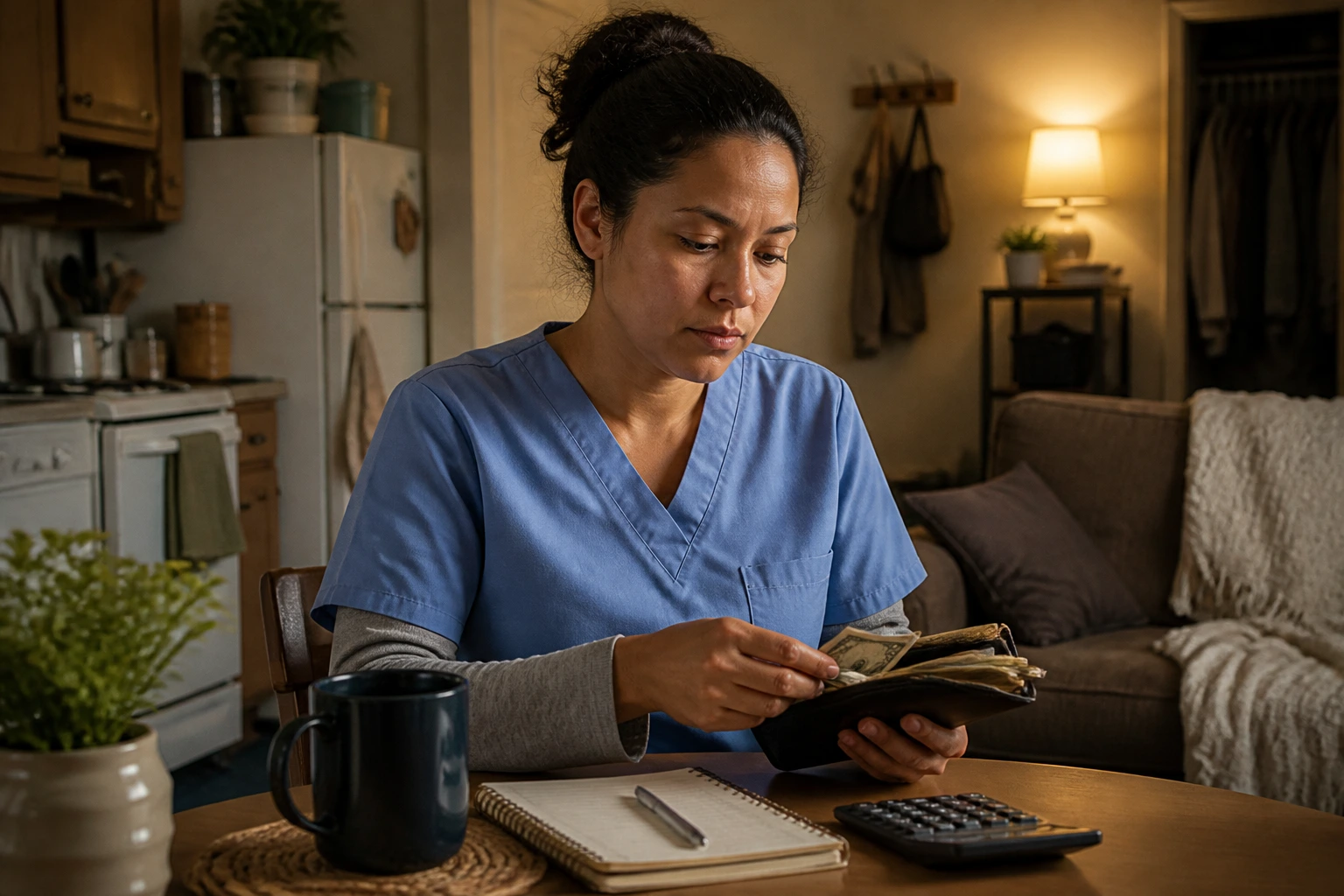 Nurse aide in a modest living space contemplating budget and living costs