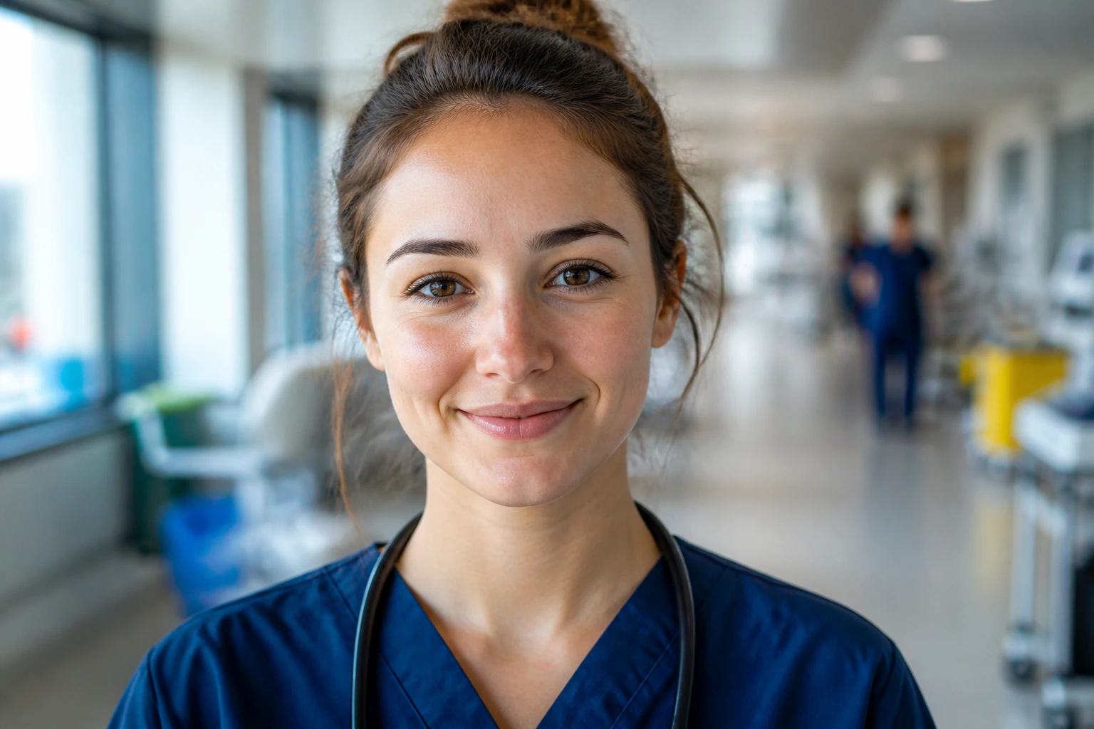 Close-up nurse portrait in hospital corridor representing international nurses navigating Australian healthcare landscape