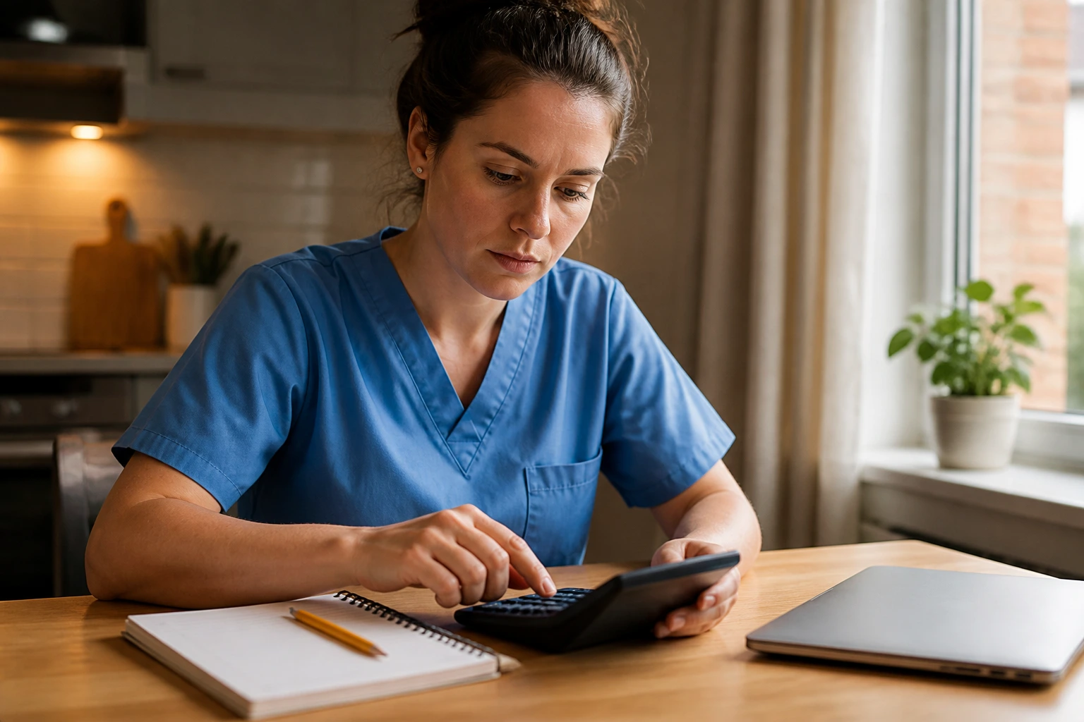 Nurse planning finances at home using a calculator and blank budget sheets