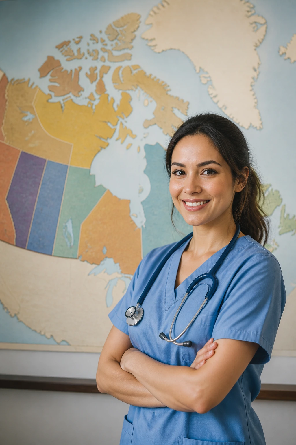 Nurse standing in front of an unlabeled map of Canada