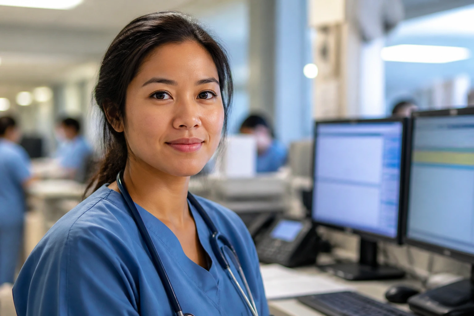 Nurse navigating culture shock at US hospital with EHR in background.