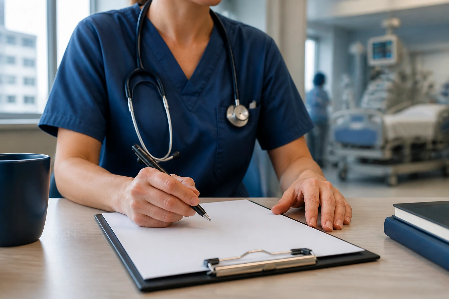 Close-up of nurse hands on a blank clipboard in a hospital office, symbolizing eligibility assessment