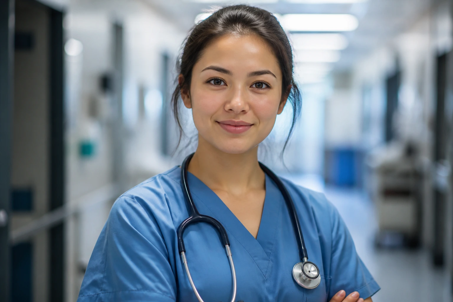 Nurse in scrubs with stethoscope in hallway, portrait shot