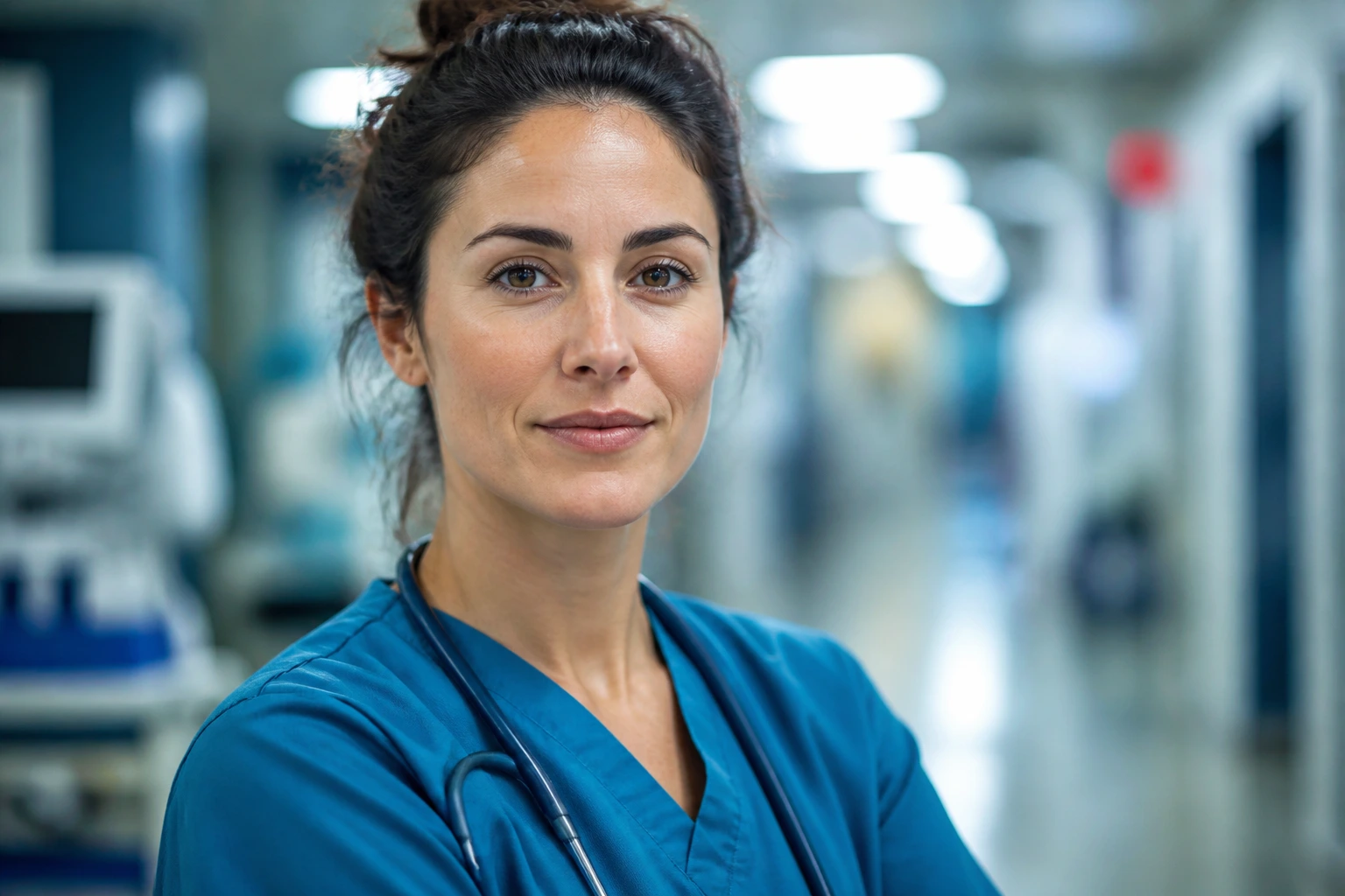 Close-up portrait of a real nurse in scrubs in a hospital corridor, representing final thoughts about the Canada ICU path.