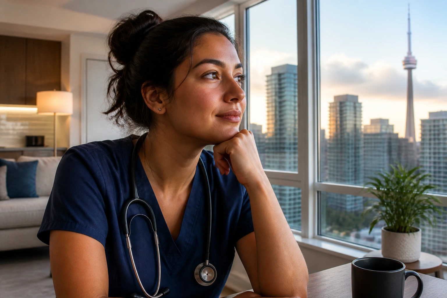Nurse portrait inside modern apartment with city view illustrating housing considerations