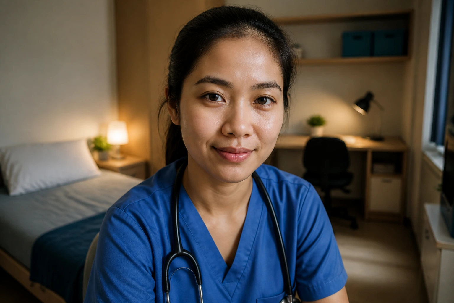 Nurse portrait with modest housing background reflecting temporary NHS lodging