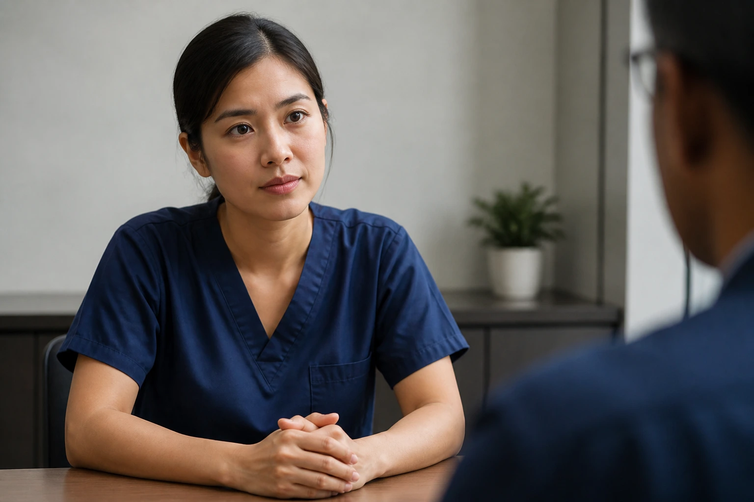 Nurse candidate in interview room, thoughtful looking away