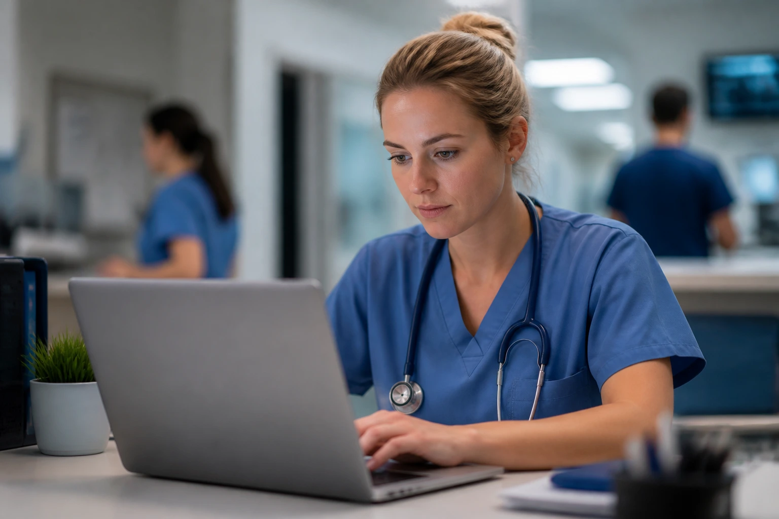 Nurse at a laptop in a hospital staff area, seeking authentic job leads.