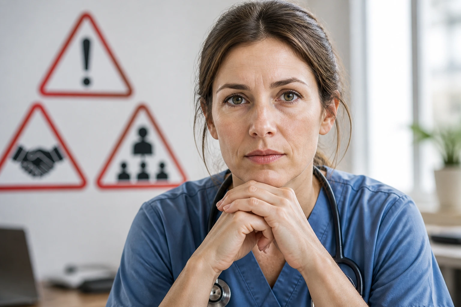 Nurse contemplating job search pitfalls in a bright office