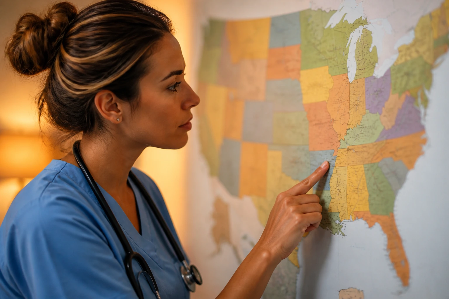 Nurse examining US licensing map.