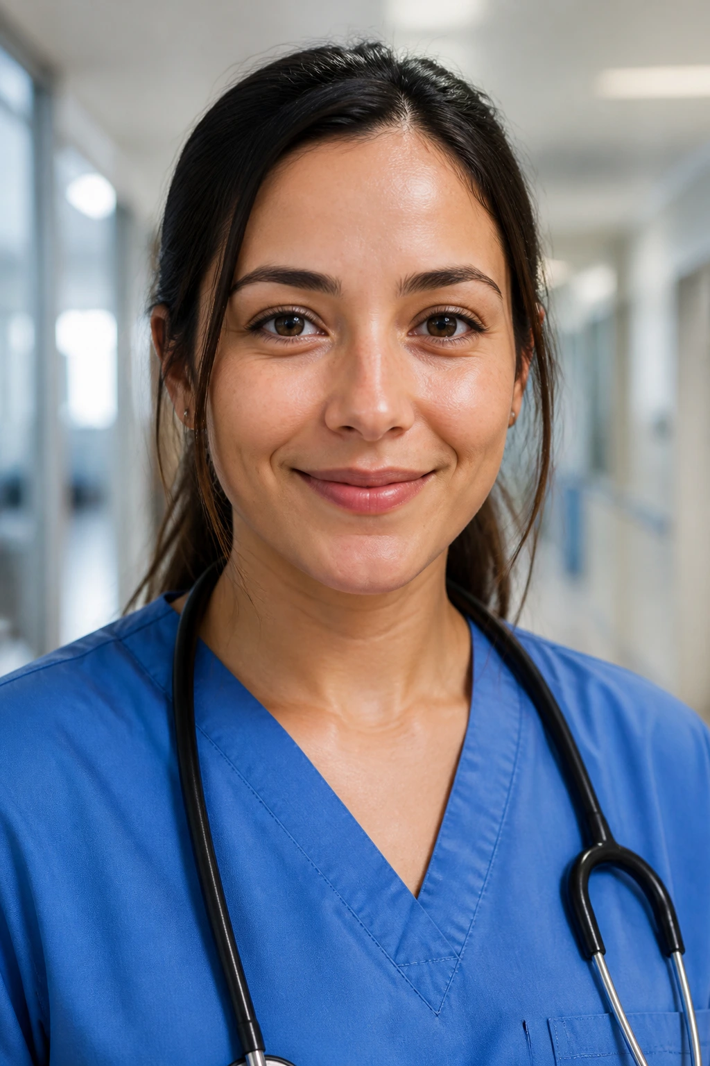 Close-up portrait of a nurse in scrubs in a modern hospital corridor