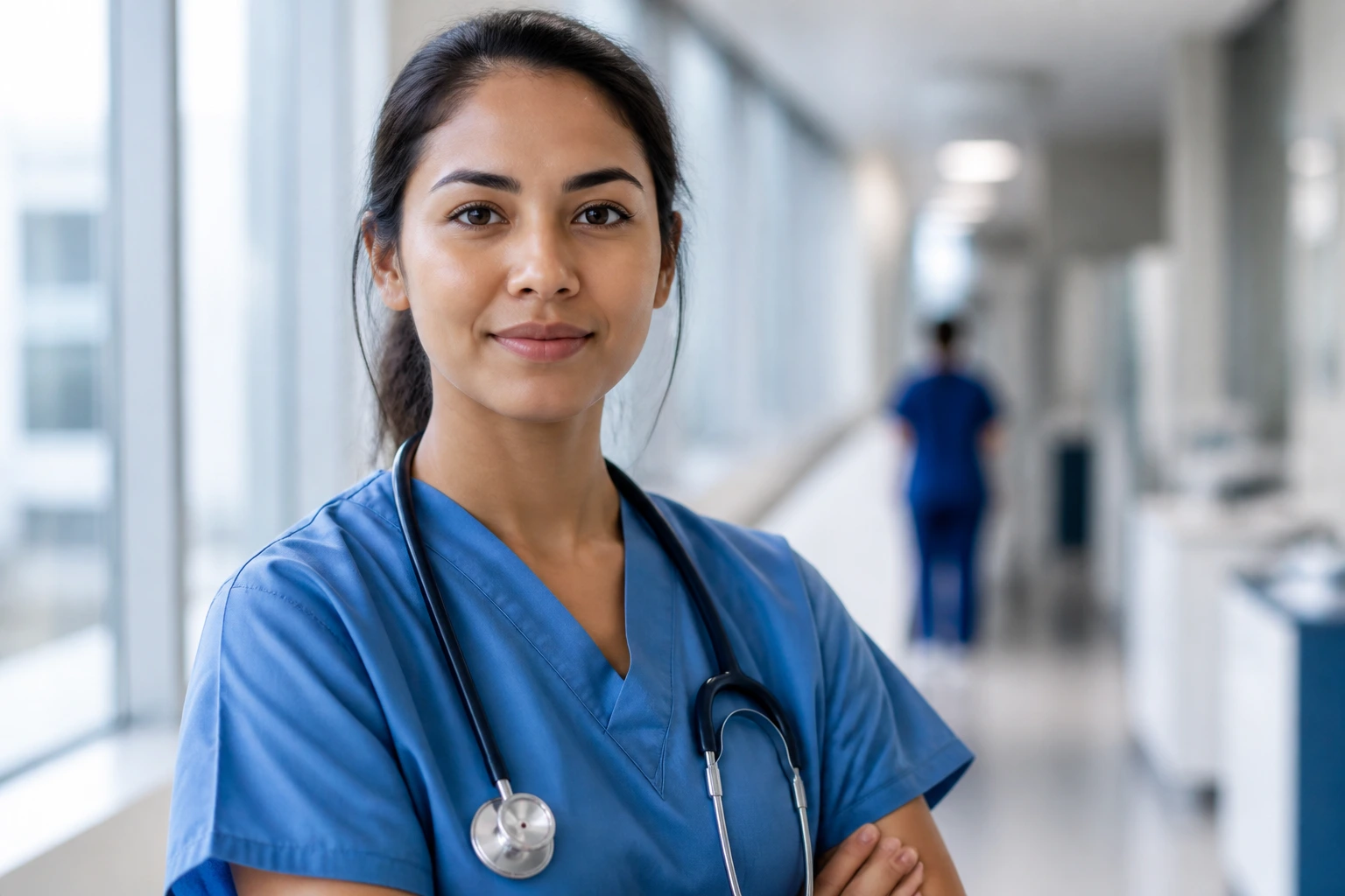 Close-up portrait of a real nurse in a hospital corridor symbolizing LMIA sponsorship reality