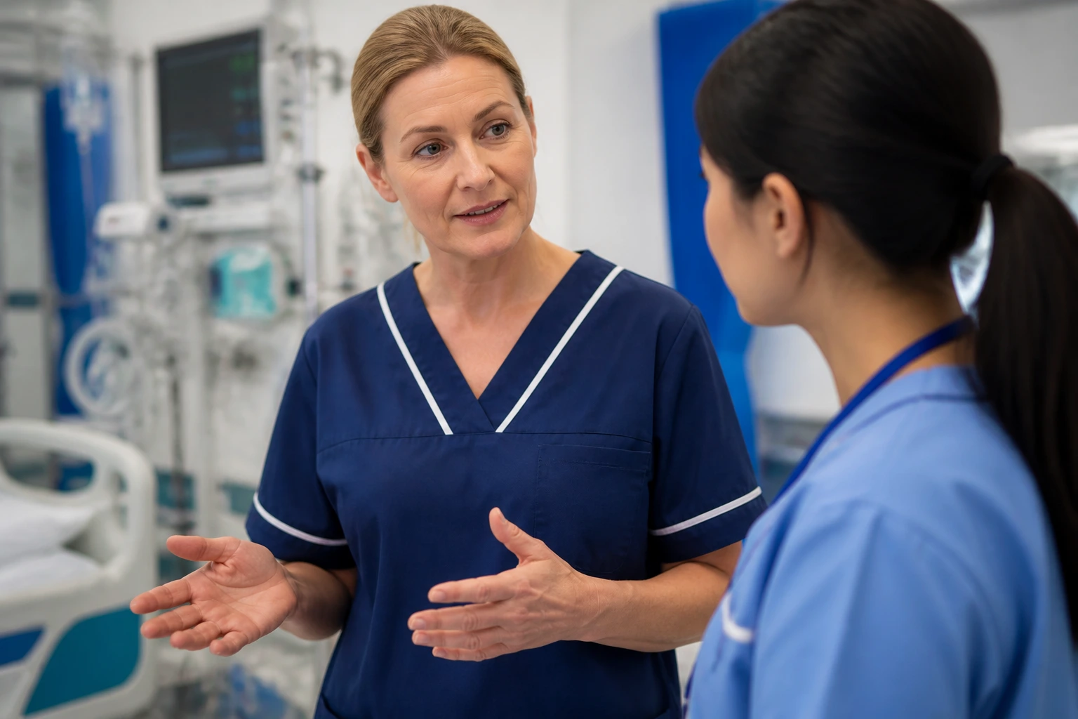 Senior nurse mentoring a junior nurse in a hospital ward