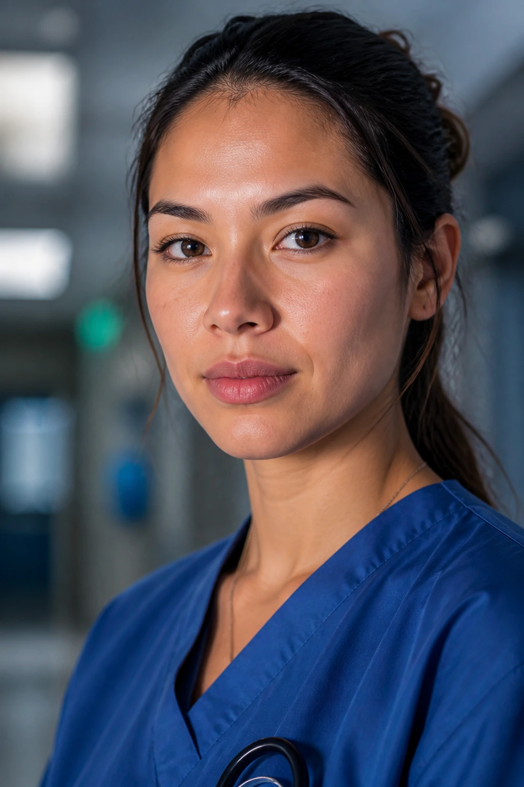 Close-up portrait of a nurse in scrubs in a hospital corridor, thoughtful and determined.