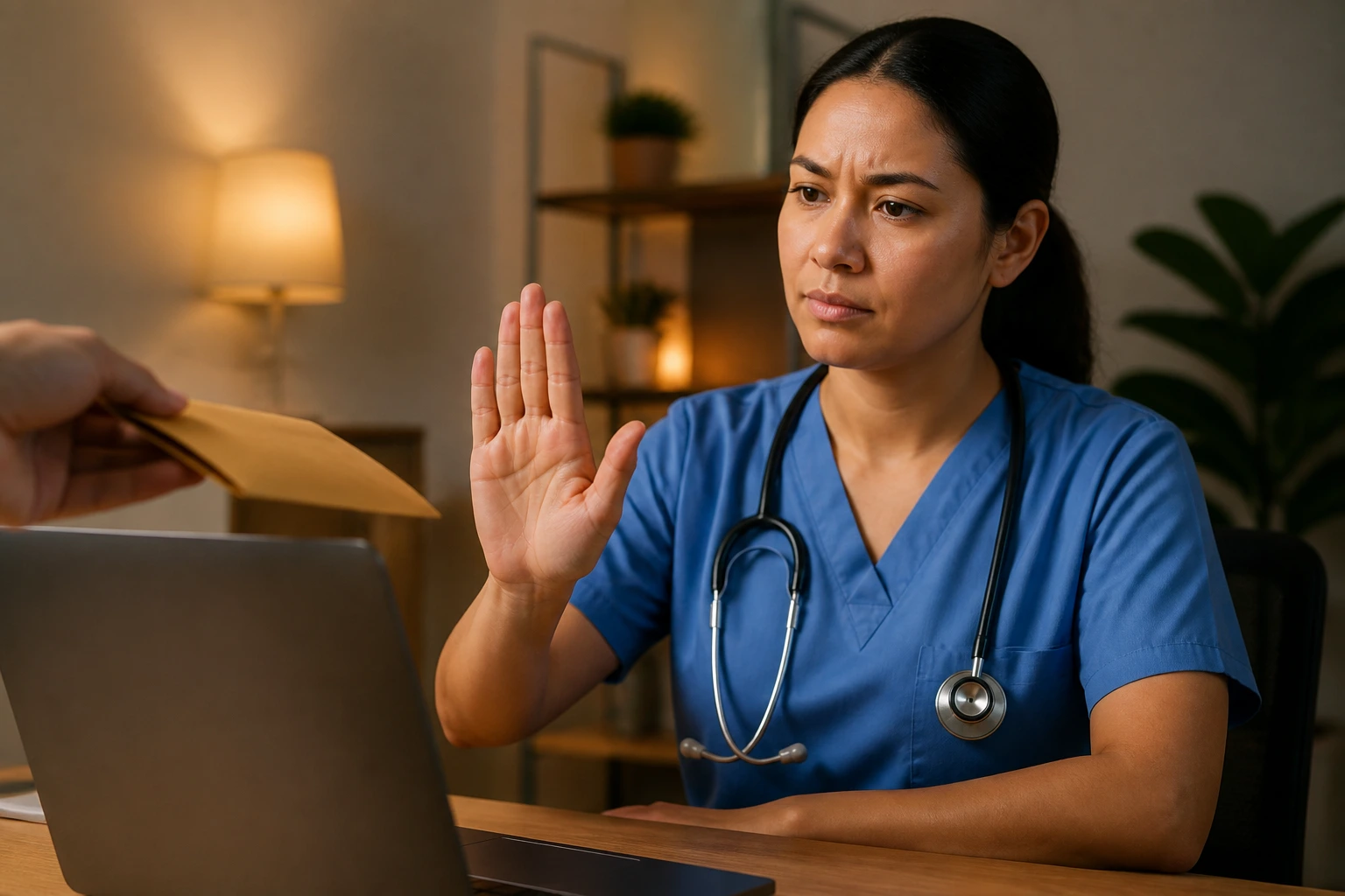 Nurse evaluating job offers to avoid recruitment scams