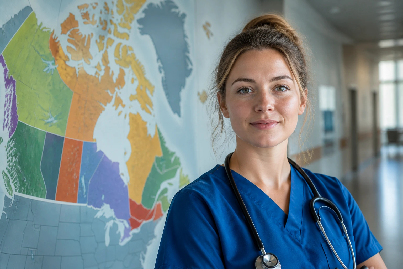 Close-up nurse portrait with a Canada provinces map background illustrating provincial regulators