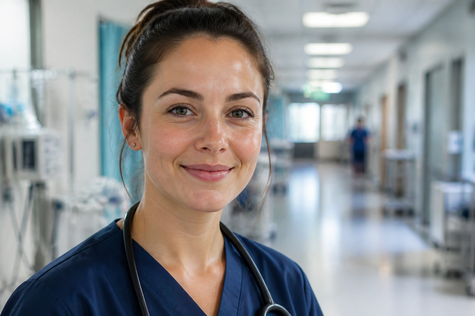 Medium close-up of nurse in hospital corridor illustrating salary and pay structure concept