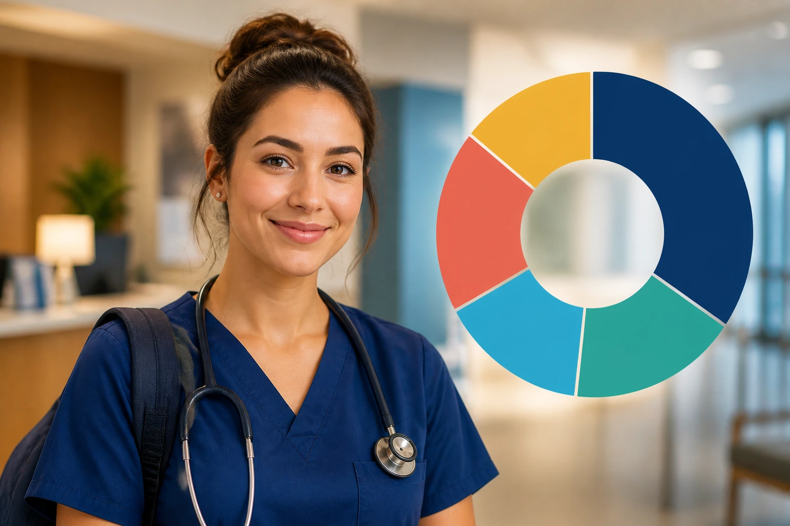 Nurse portrait with abstract donut chart in background suggesting salary breakdown.