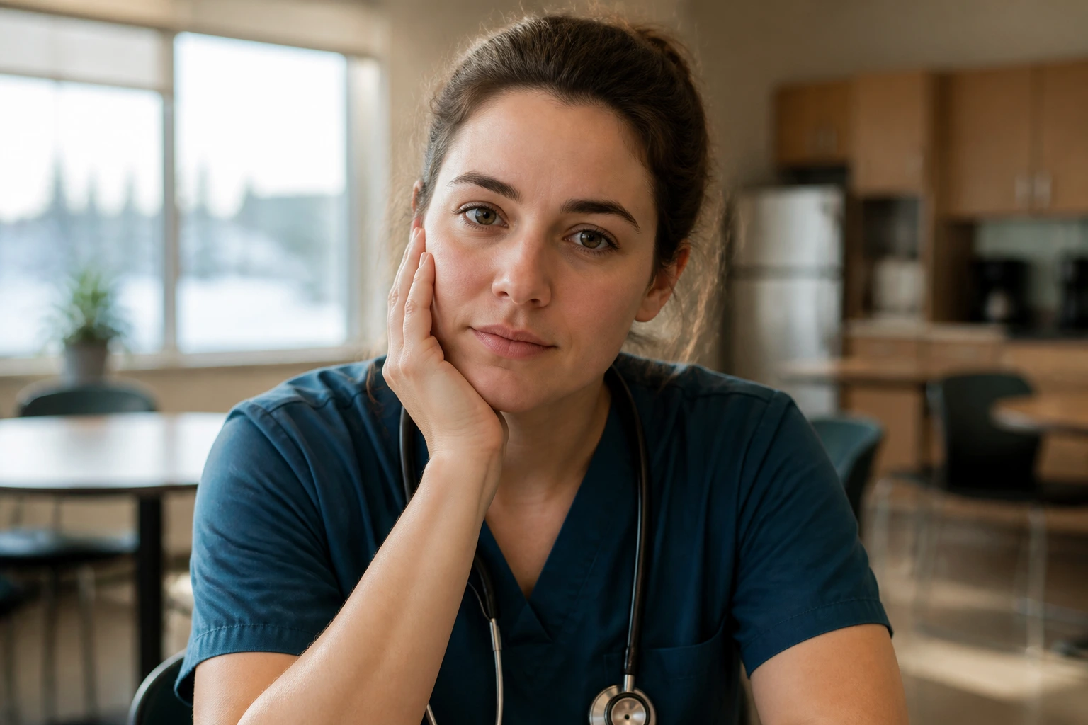 Nurse in hospital break room illustrating financial realities of six-figure CAD 110,000