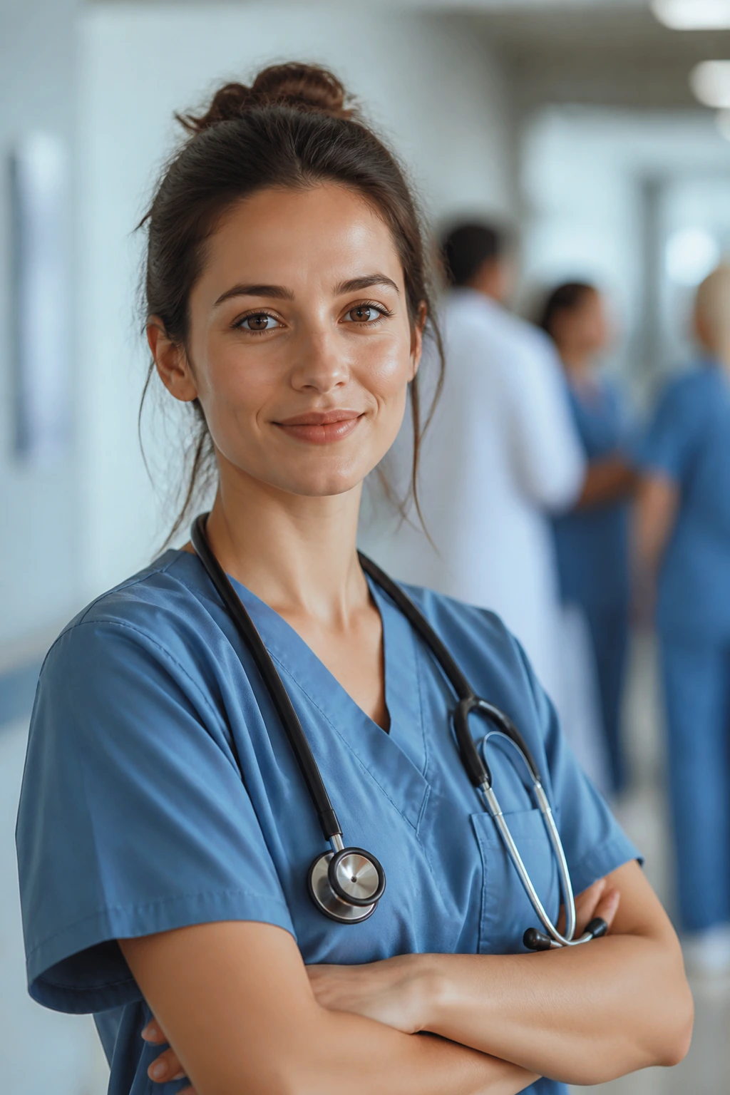 Nurse in scrubs in a hospital corridor with thoughtful pose