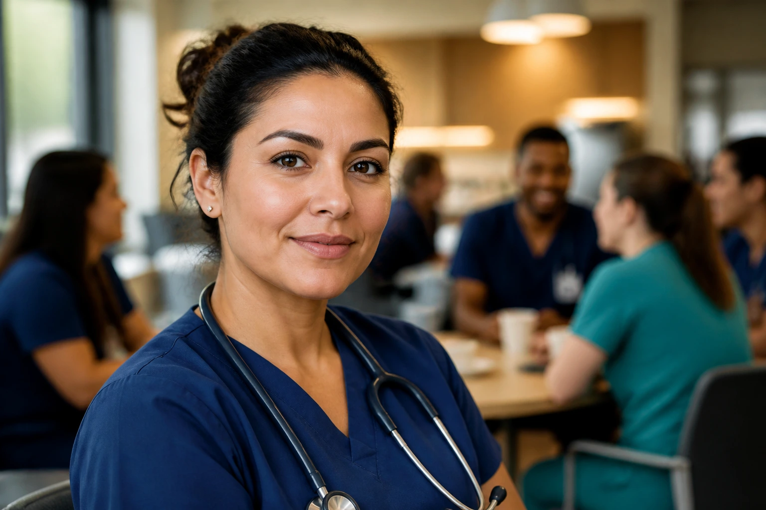 Nurse in hospital staff lounge conveying union awareness