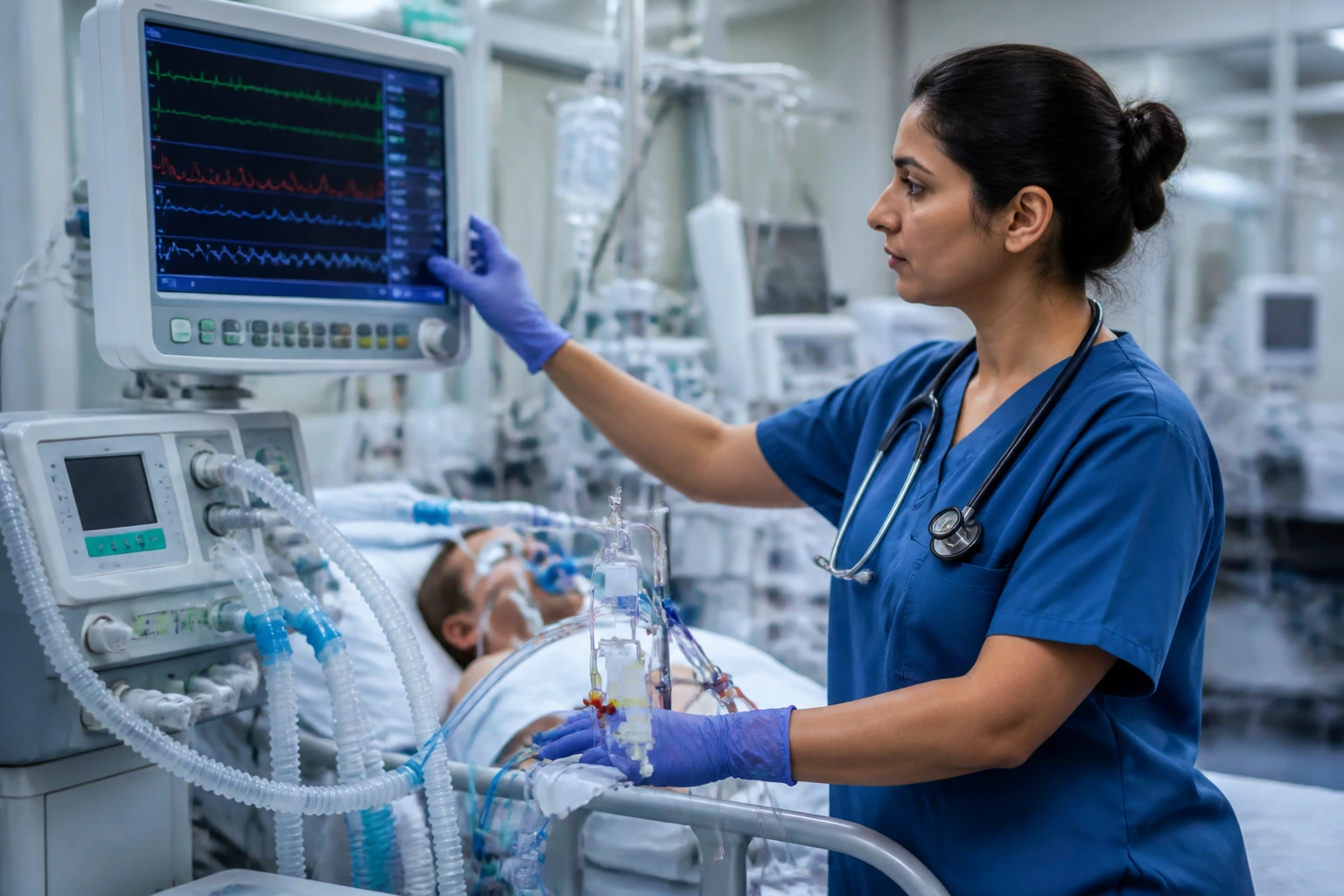 Nurse with ICU equipment including ventilator and arterial lines