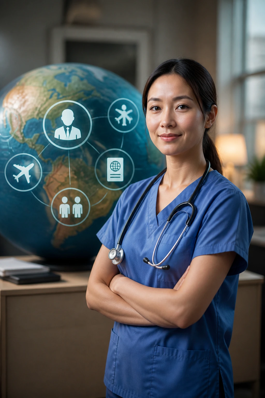 Nurse in scrubs in front of a globe with visa symbols