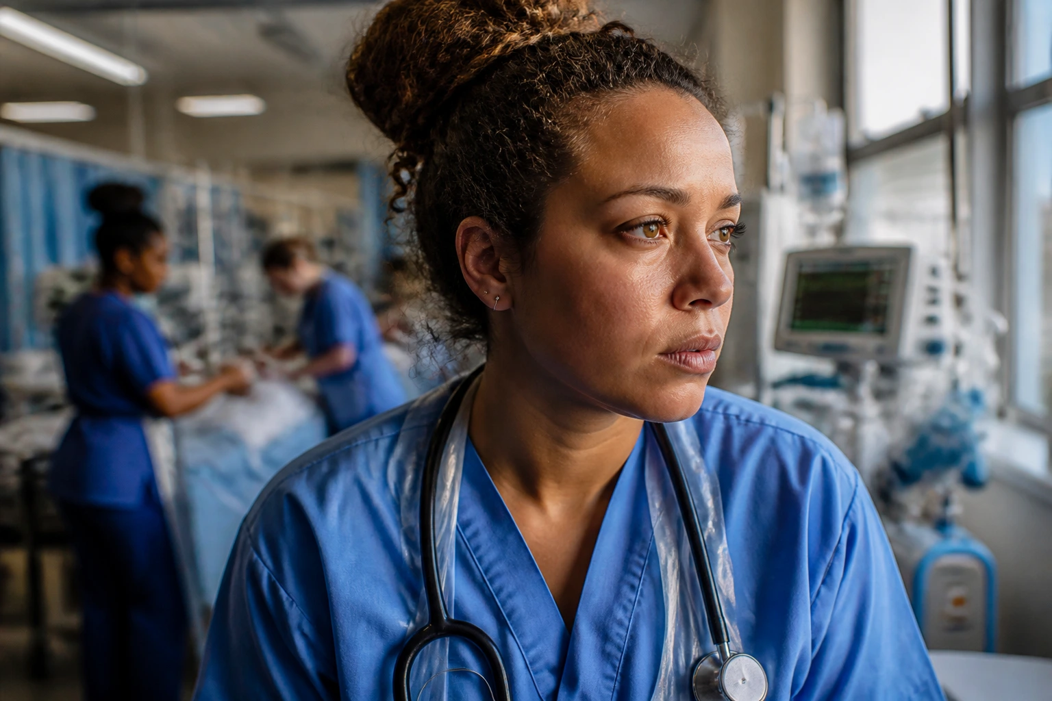 Close-up of a focused NHS nurse illustrating the reality of UK healthcare