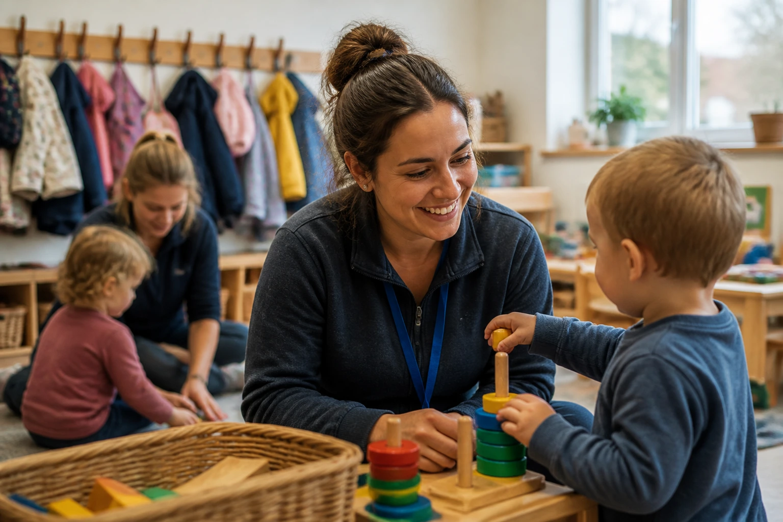 Portrait of a nursery worker in a busy UK nursery surrounded by children and play equipment