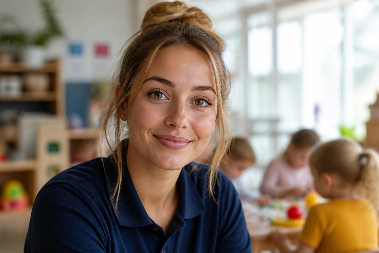 Shoulder-up portrait of a nursery practitioner in a bright UK classroom