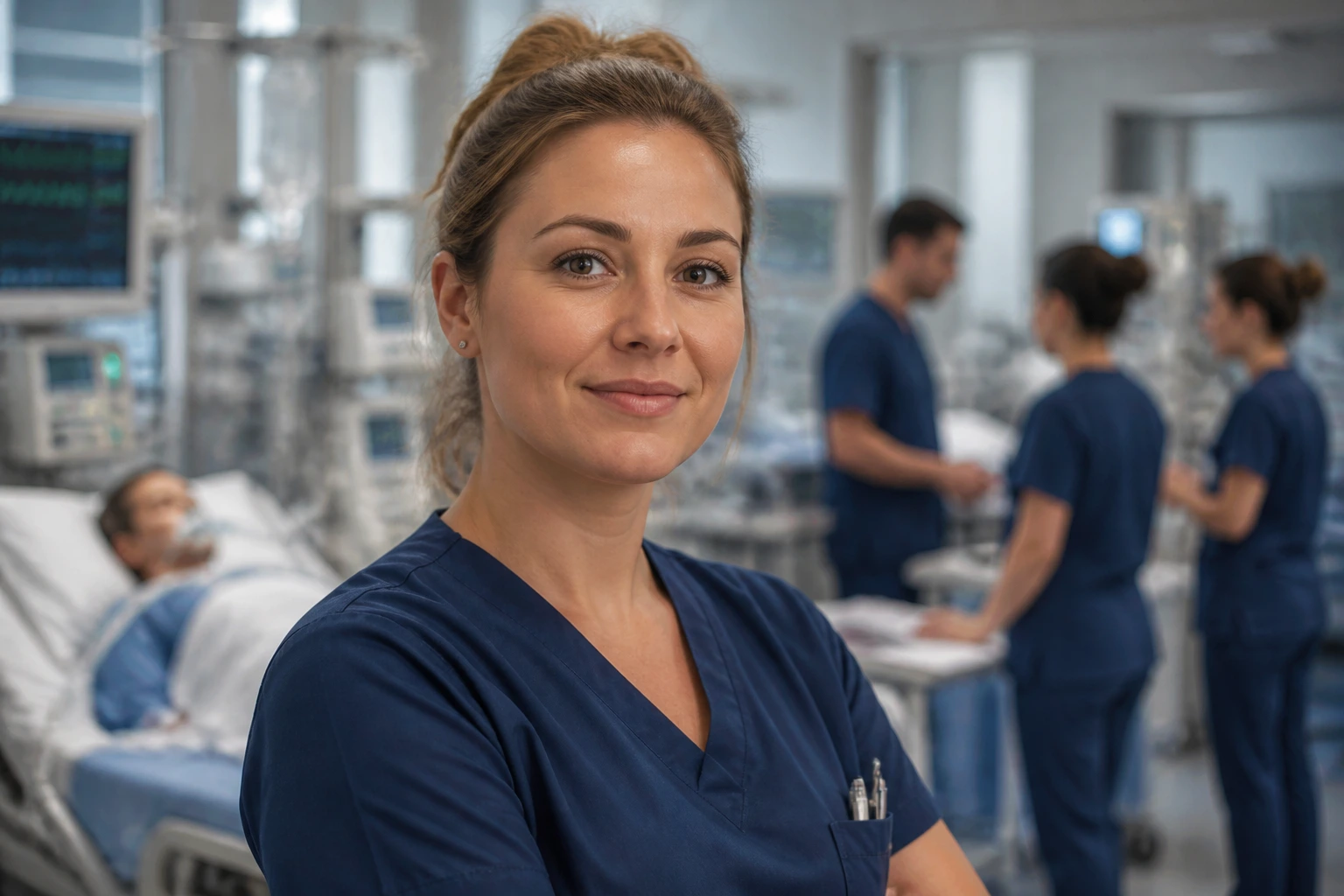 Medium close-up of a nurse in scrubs in an ICU ward showing confidence and teamwork