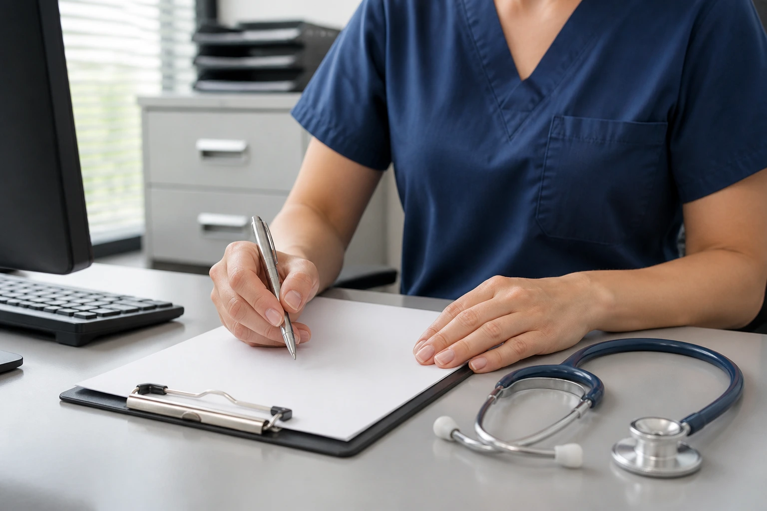 Close-up of nurse’s hands over a blank document representing credentialing process.