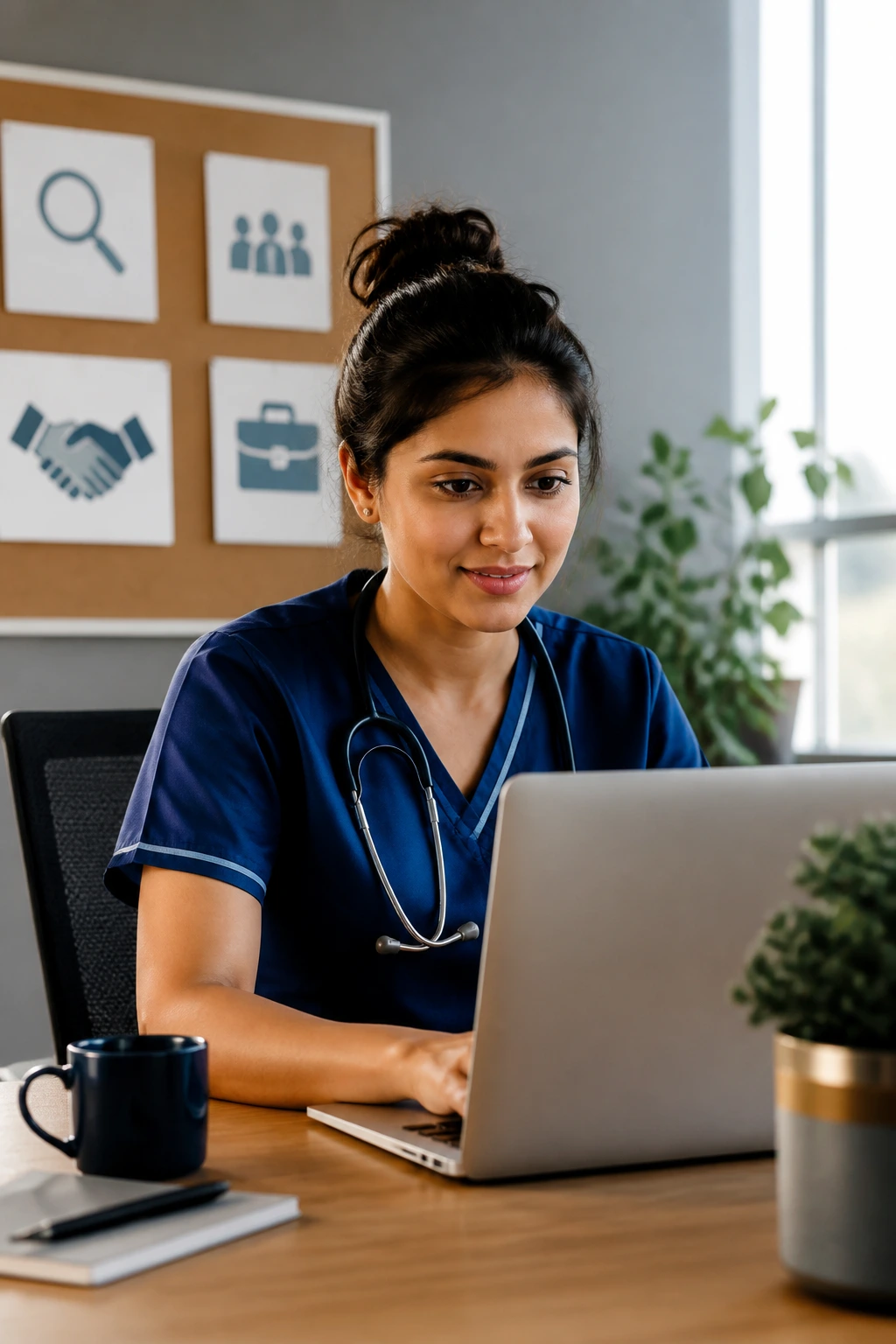 Nurse at desk with laptop in a modern office