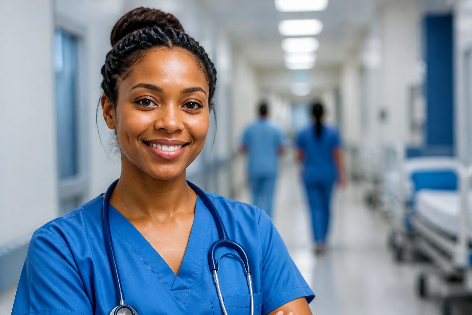 Portrait of a nurse in scrubs in a hospital corridor
