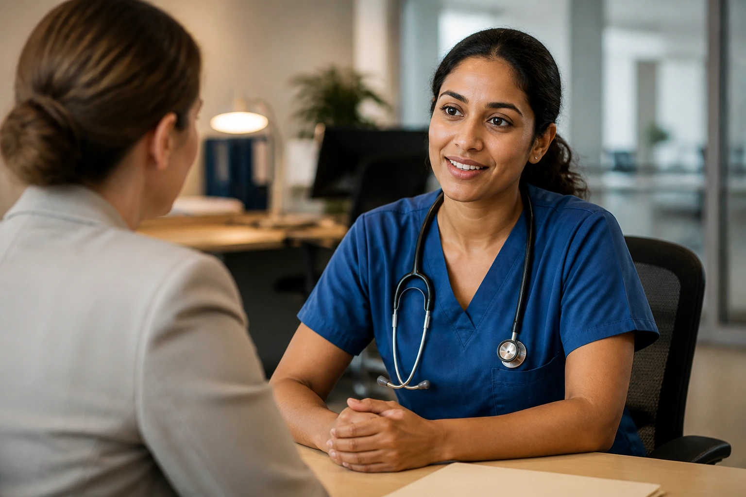 Nurse networking with a Canadian employer in a hospital office.